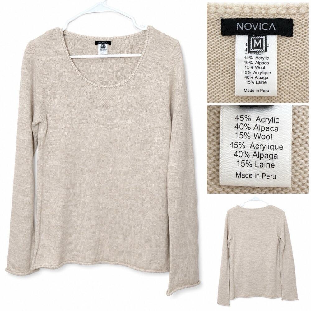 NOVICA Size M Alpaca Wool Pullover Sweater Beige Tan Women's Round Neck